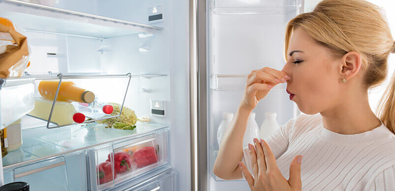 Woman Holding Nose By Fridge