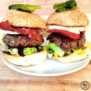 Gourmet Burgers With Bacon Cheese Halloumi And Peppers