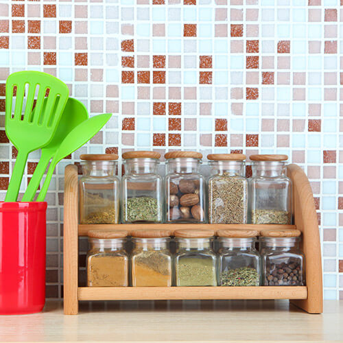 Wooden Spice Rack On Kitchen Bench