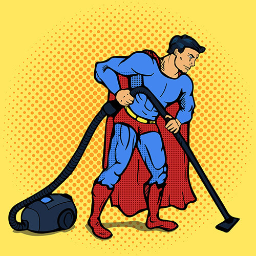 Pop Art Superhero Doing Vacuuming