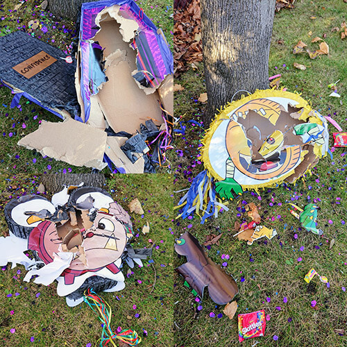 Halloween Monster Pinatas Beaten Up