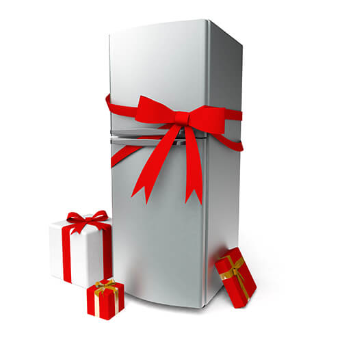 Clean Metal Fridge With Red Bow And Gifts