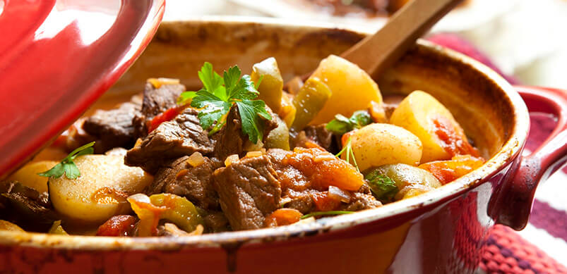 Traditional Beef Stew In Red Baking Tray