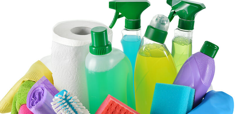 Cleaning Products And Supplies In A Basket.