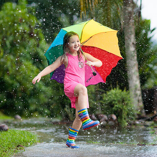 Child Dancing In Rain With Umbrella