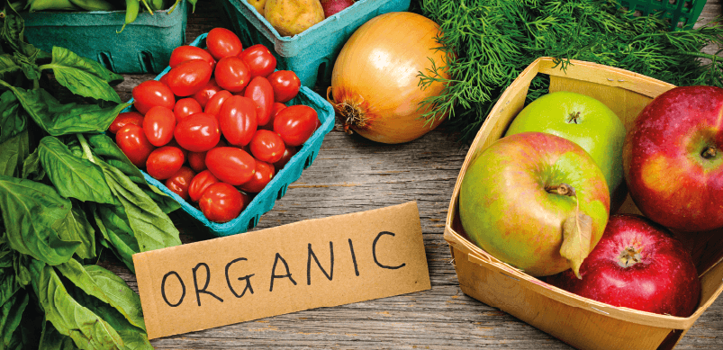 Fruits and Vegetables With Organic Sign