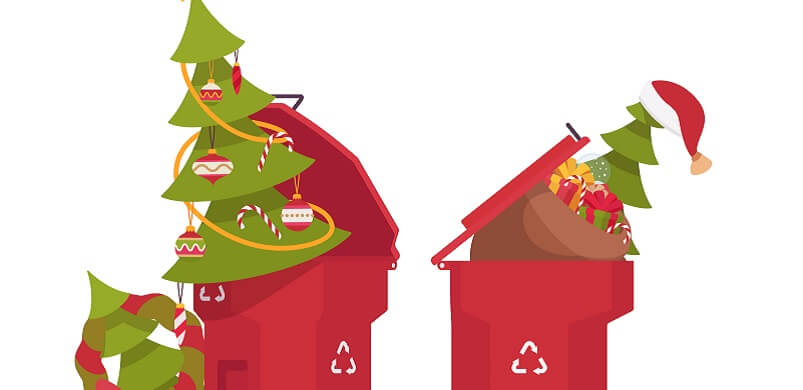 Christmas Trees And Gifts In Recycling Bin