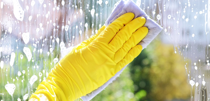 Yellow gloved hand cleaning a window