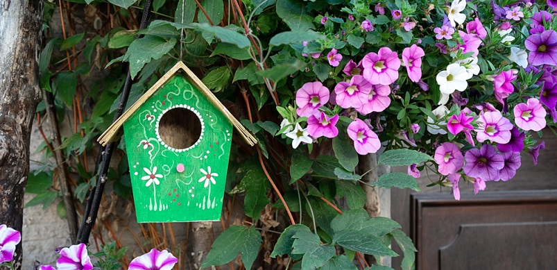 Green birdhouse and flowers