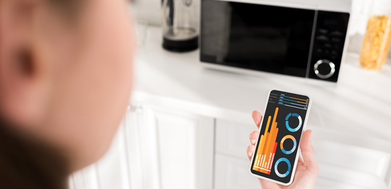 Person holding energy metre in front of microwave